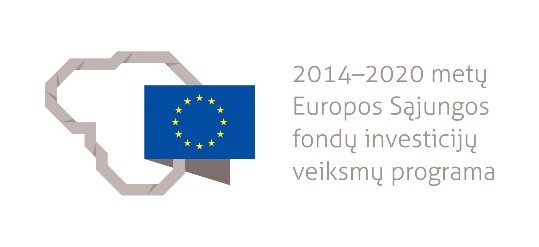 2014–2020 metų Europos Sąjungos fondų investicijų veiksmų programos logotipas su ES vėliava ir Lietuvos kontūru komunikacinėje žinutėje
